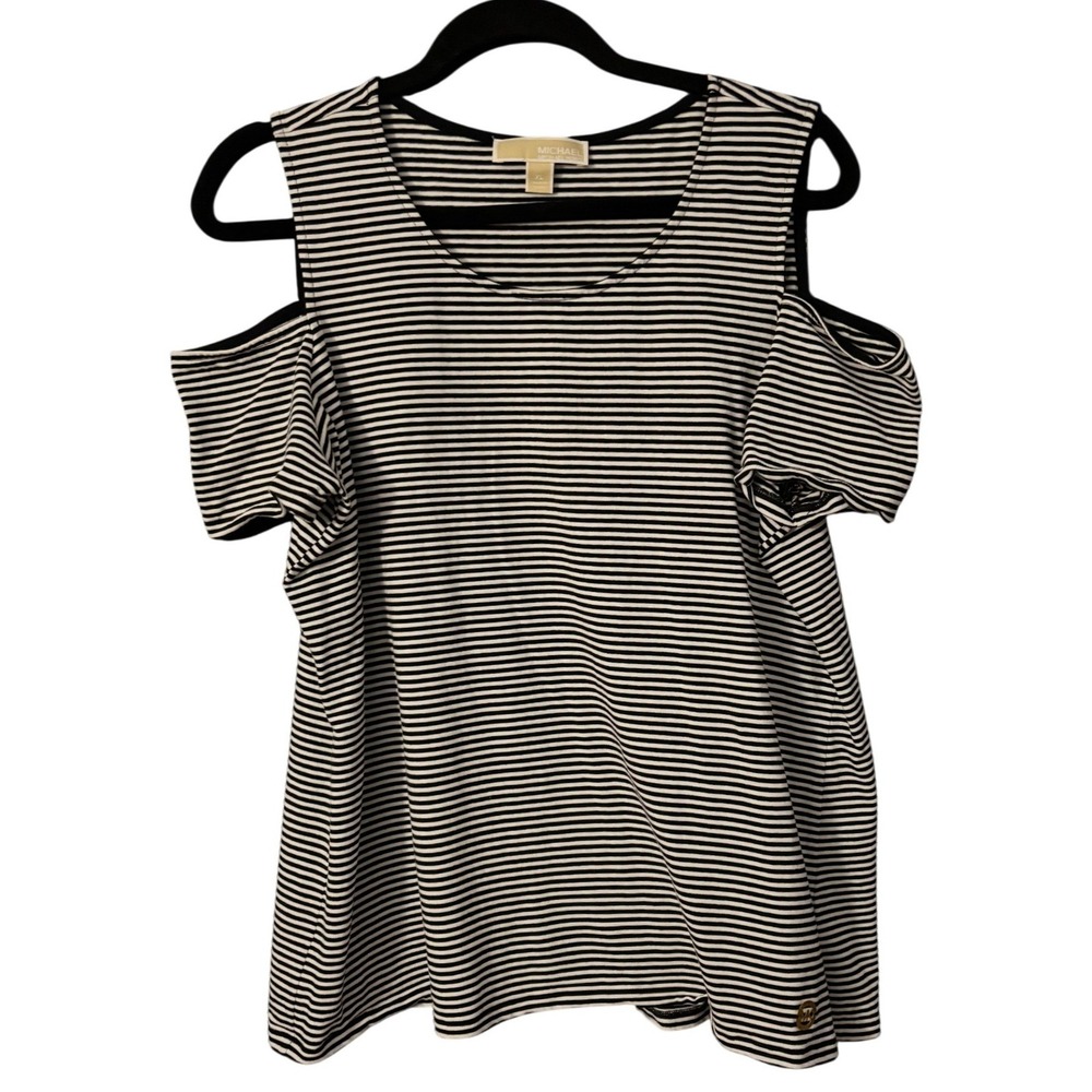 Michael Kors Cold Shoulder Womens Black White Striped Lagenlook Top XL